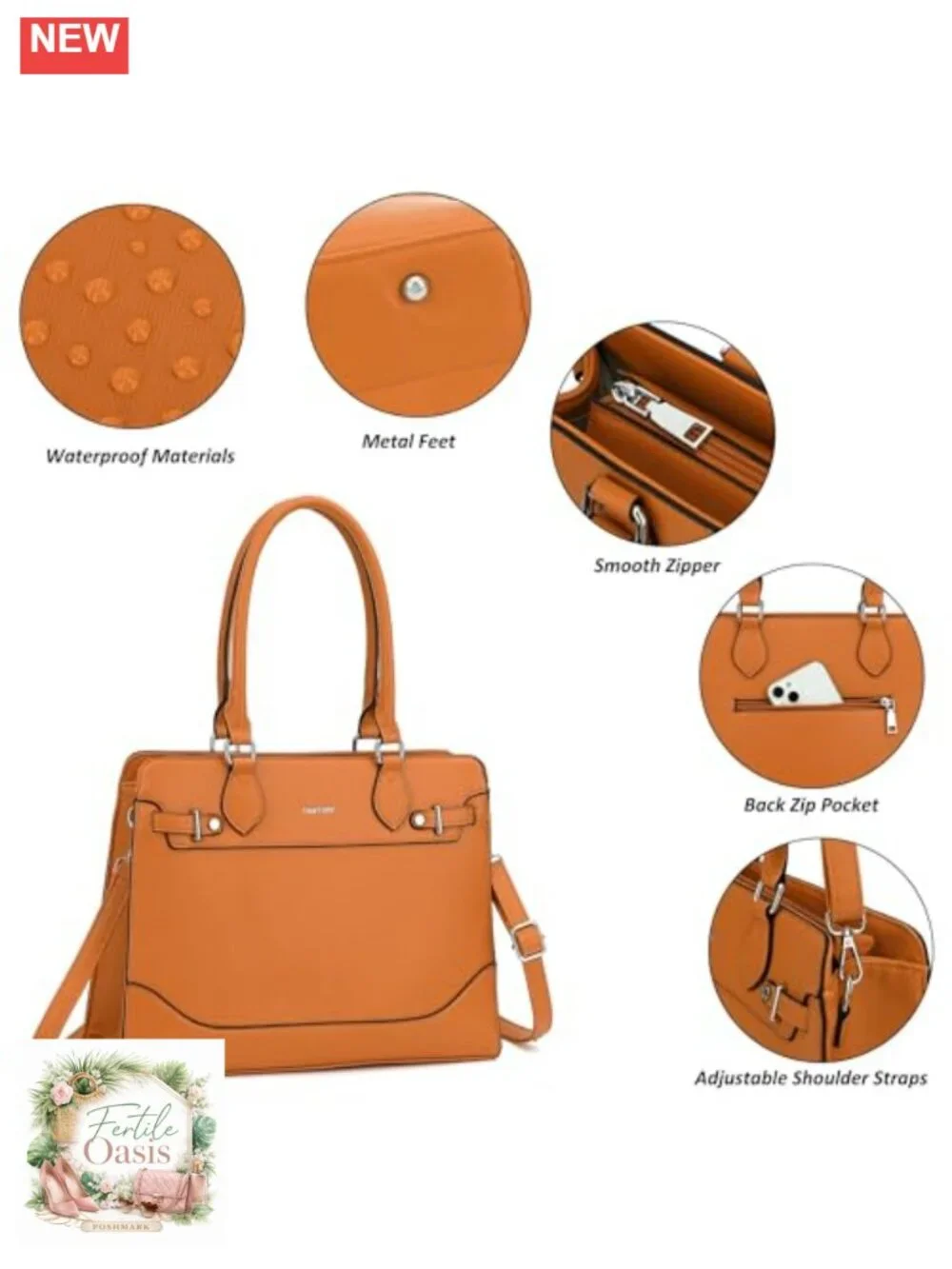 Structured Vegan Leather Tote Bag Satchel Handbag with Pockets for Work